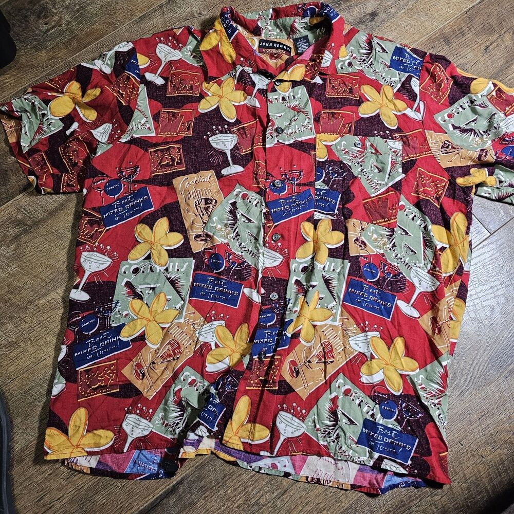 John Henry Viva Tropical Shirt Mens Large Cocktail Lounge Martini Tiki Hawaiian